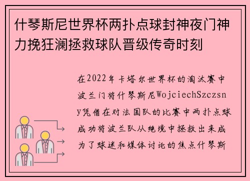 什琴斯尼世界杯两扑点球封神夜门神力挽狂澜拯救球队晋级传奇时刻