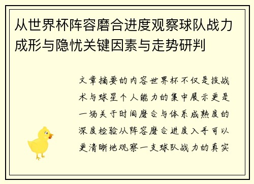 从世界杯阵容磨合进度观察球队战力成形与隐忧关键因素与走势研判